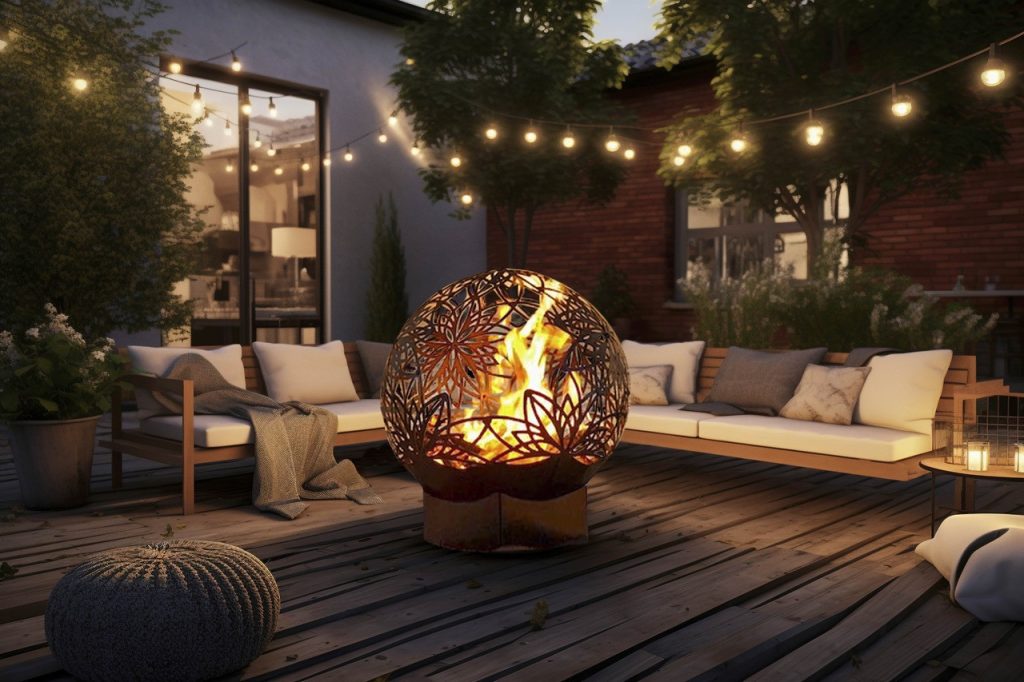 Striking Lotus Bonfireball Fire Pit designed for outdoor gatherings with durable steel construction and artistic detail