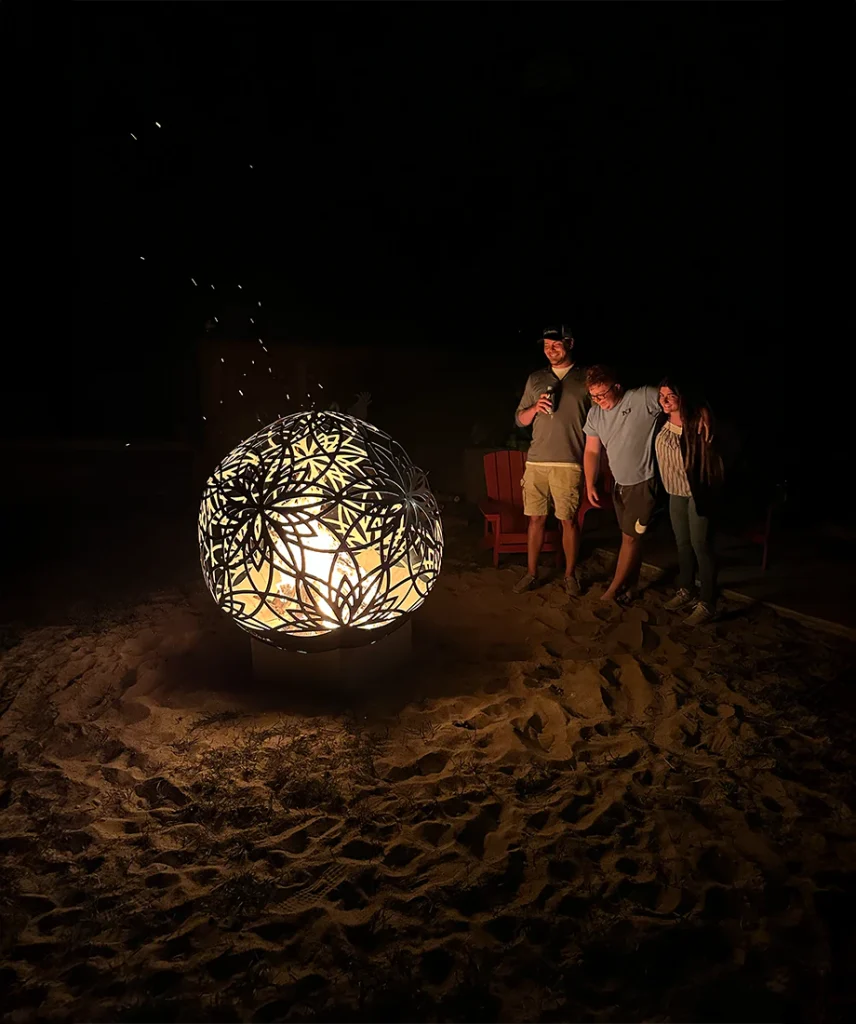 Large 50-inch fire pit designed for outdoor entertaining, offering communal warmth and a captivating lotus-inspired aesthetic