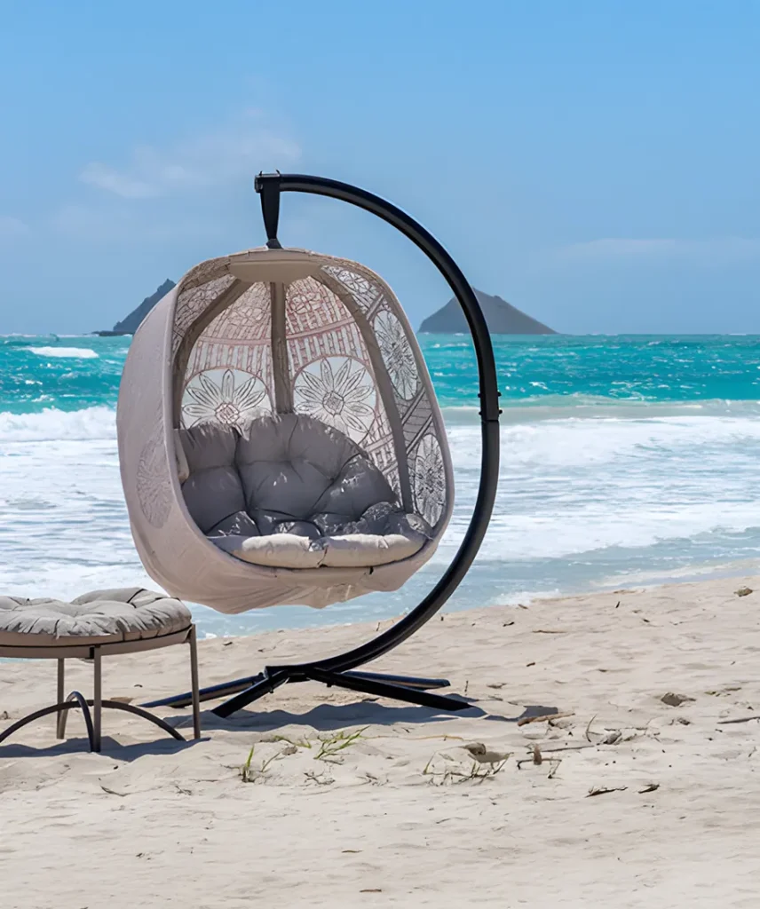 Elegant Hanging Egg Chair offering airy, suspended seating with a weather-resistant design for indoor or outdoor use.
