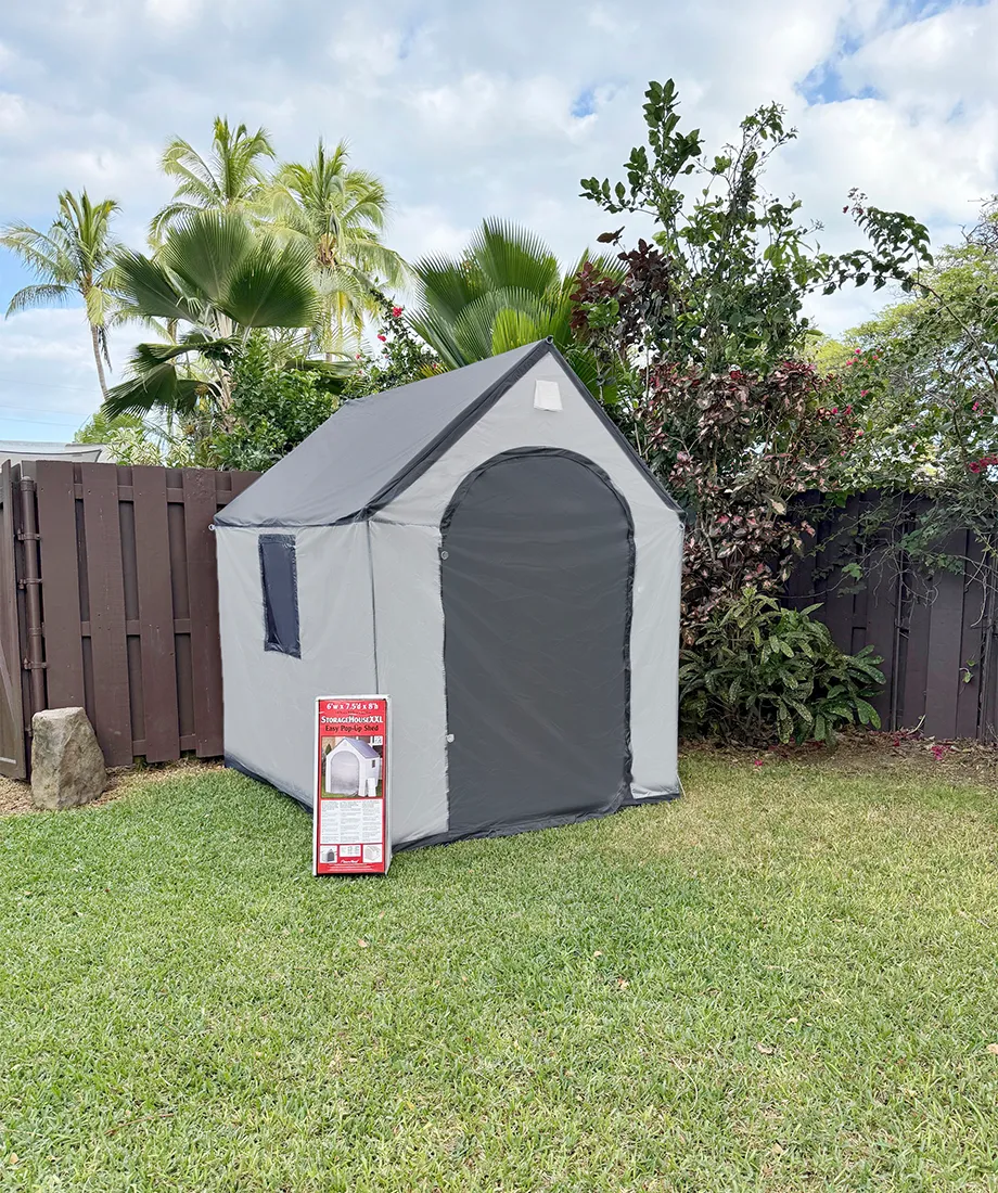 FlowerHouse XXL StorageHouse featuring an 8ft x 6ft x 7.5ft weather-resistant shell for versatile, secure storage