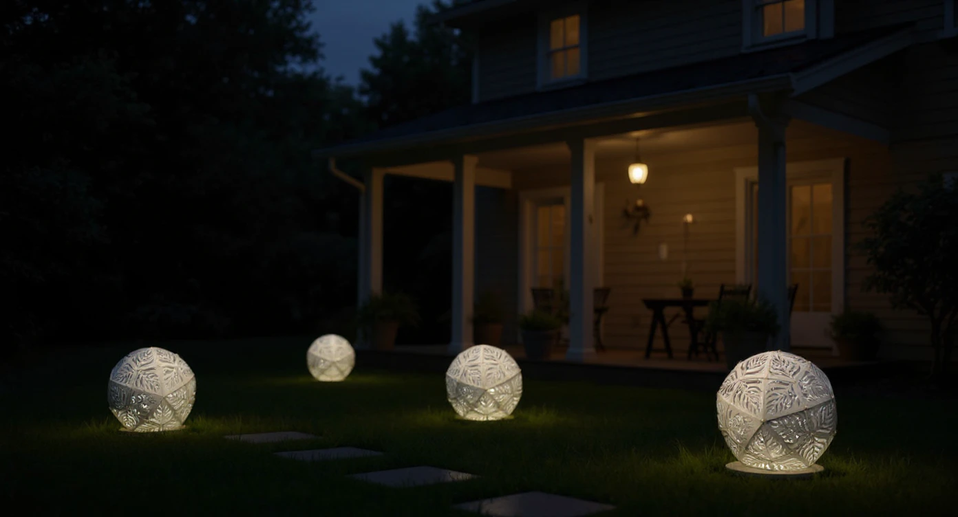 Late-summer garden party at dusk with GlowTheory pendant near dining and solar spheres guiding the path to the lawn