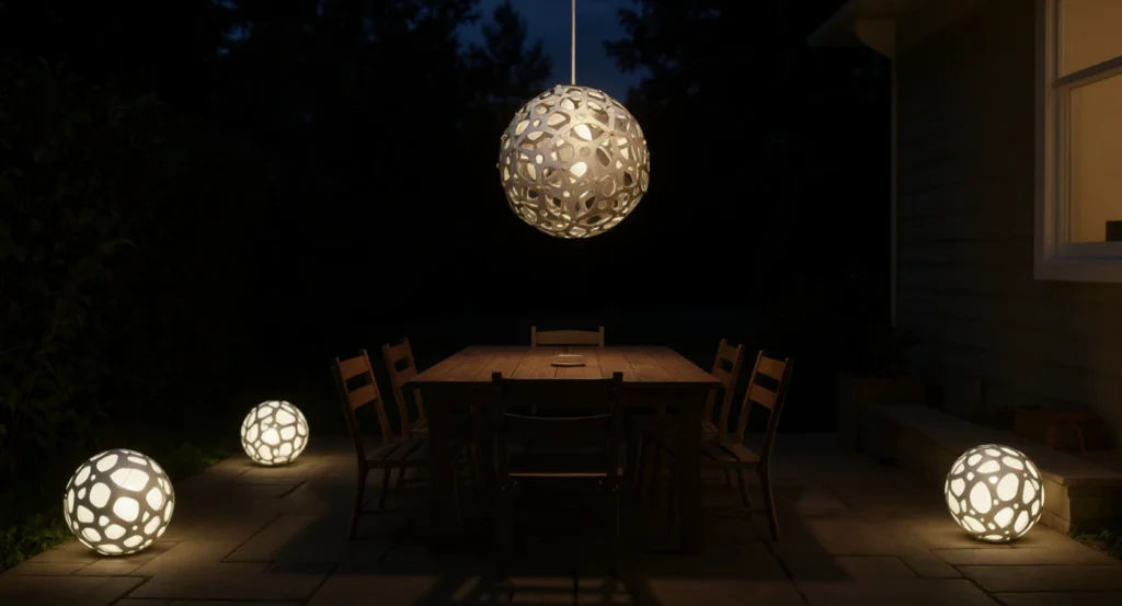 Comparison of corded pendant ambient lighting vs solar sphere perimeter lighting on the same patio at night