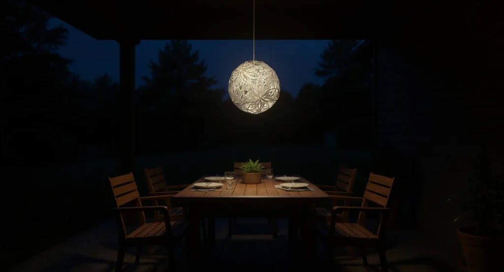 GlowTheory 18″ outdoor pendant light over a small covered patio dining table, warm white glow for cozy evening ambiance