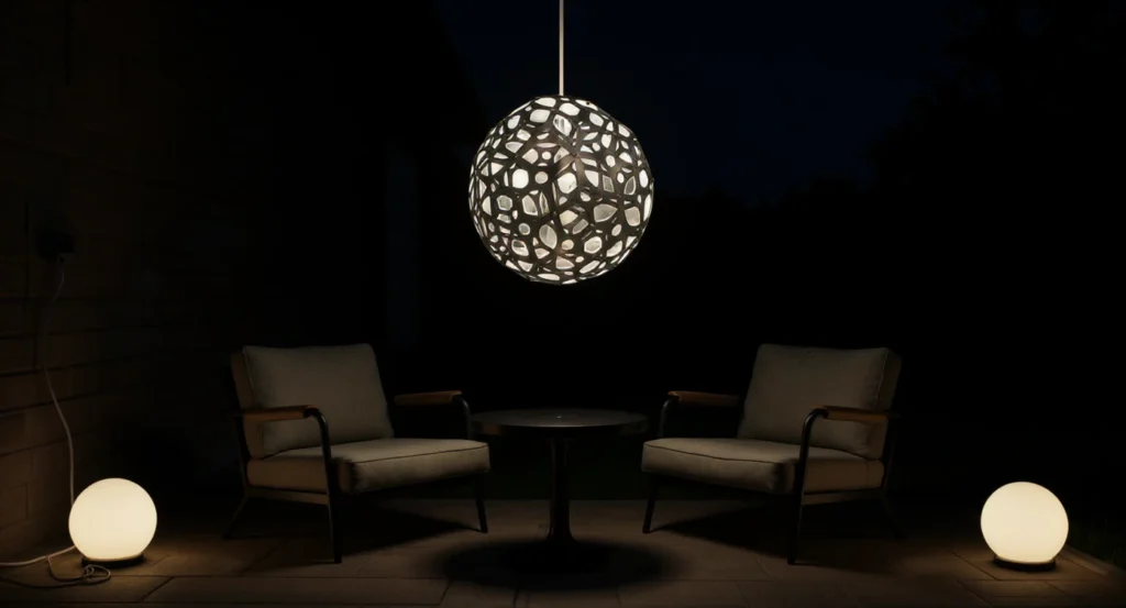 Small 8×10 ft patio with GlowTheory pendant as ambient anchor and solar spheres at the edges for layered night lighting