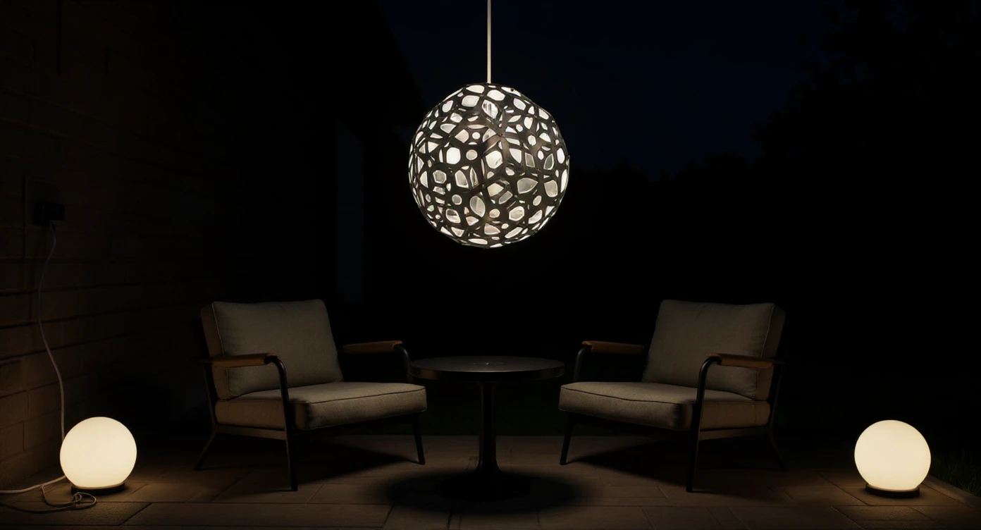 Small 8×10 ft patio with GlowTheory pendant as ambient anchor and solar spheres at the edges for layered night lighting